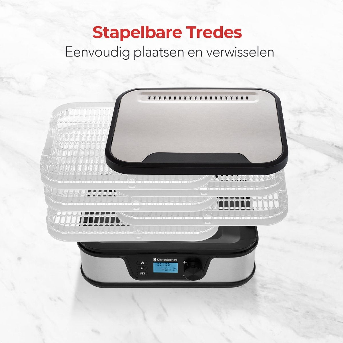 KitchenBrothers Dörrgerät - Elektrisch 380W - 5 Schichten - 9 Heizstufen - 35Â°C bis 75Â°C - LCD Display - Timer - Edelstahl/Schwarz