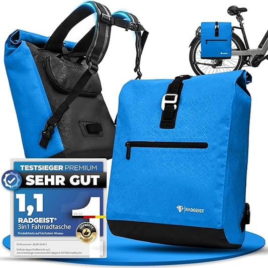 RADGEIST Fahrradtasche für Gepäckträger I Fahrradtasche & Rucksack - Fahrradrucksack - Seitentasche Fahrrad 100% wasserdicht I Fahrradtasche für Frauen & Männer 20L (himmelblau)
