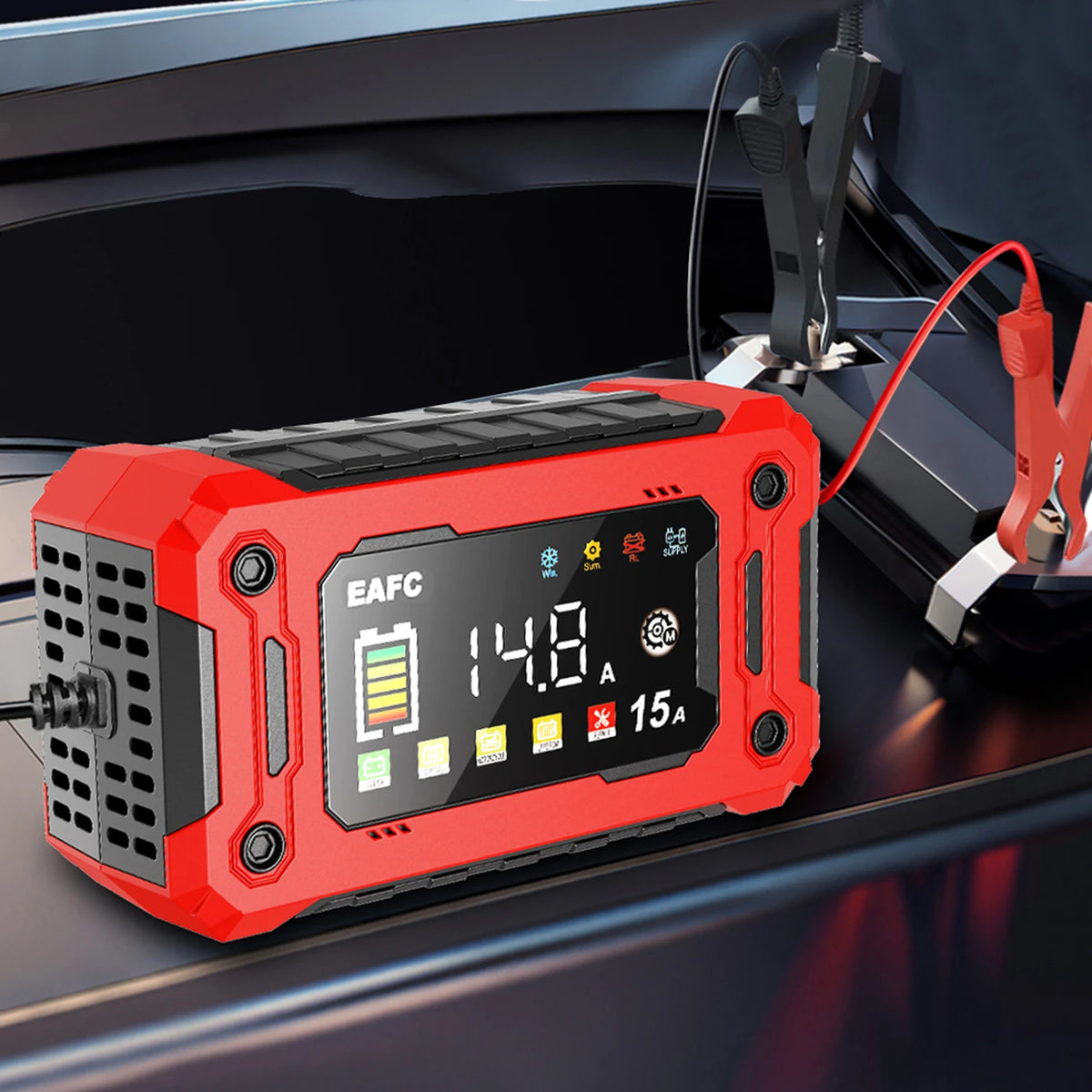 Eafc Auto-Ladegerät 12 V, 15 A – Großes HD-Display – Pulse Repair – Lithium-, AGM-, Blei-Säure- und Gel-Batterien