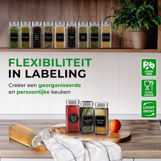 Soothe 48 Glasgewürzdosen quadratisch mit Edelstahldeckel - 2 Arten von Streudeckeln - Gewürzstreuer - Gewürzdosen - Komplettset inkl. Gewürzsticker, Kreidestift und Zubehör - 120ml