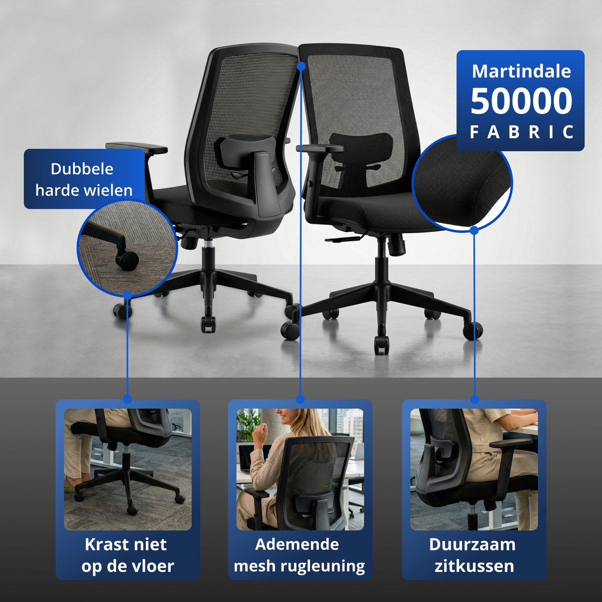 Backerz Low Mesh Bürostuhl Schwarz – 51 cm Sitztiefe – Ergonomisch – Bis zu 140 kg