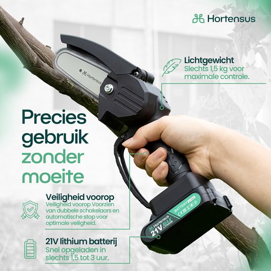 Hortensus Mini-Kettensäge - Inkl. Akku & Koffer - Akku 21 V – 10 cm