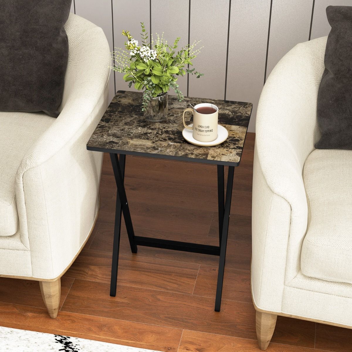 Coast 4-teiliges Klapptisch-Set - Klappbar - Mit Ständer - Marmoroptik - 48 x 40 x 67 cm - MDF/Kautschukholz - Schwarz