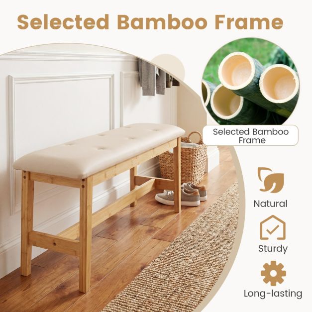 Coast Fußbank 100 cm Beige/Natur – Gepolsterte Bank aus Kunstleder mit Bambusgestell – Schuhbank & Schlafbank bis 200 kg