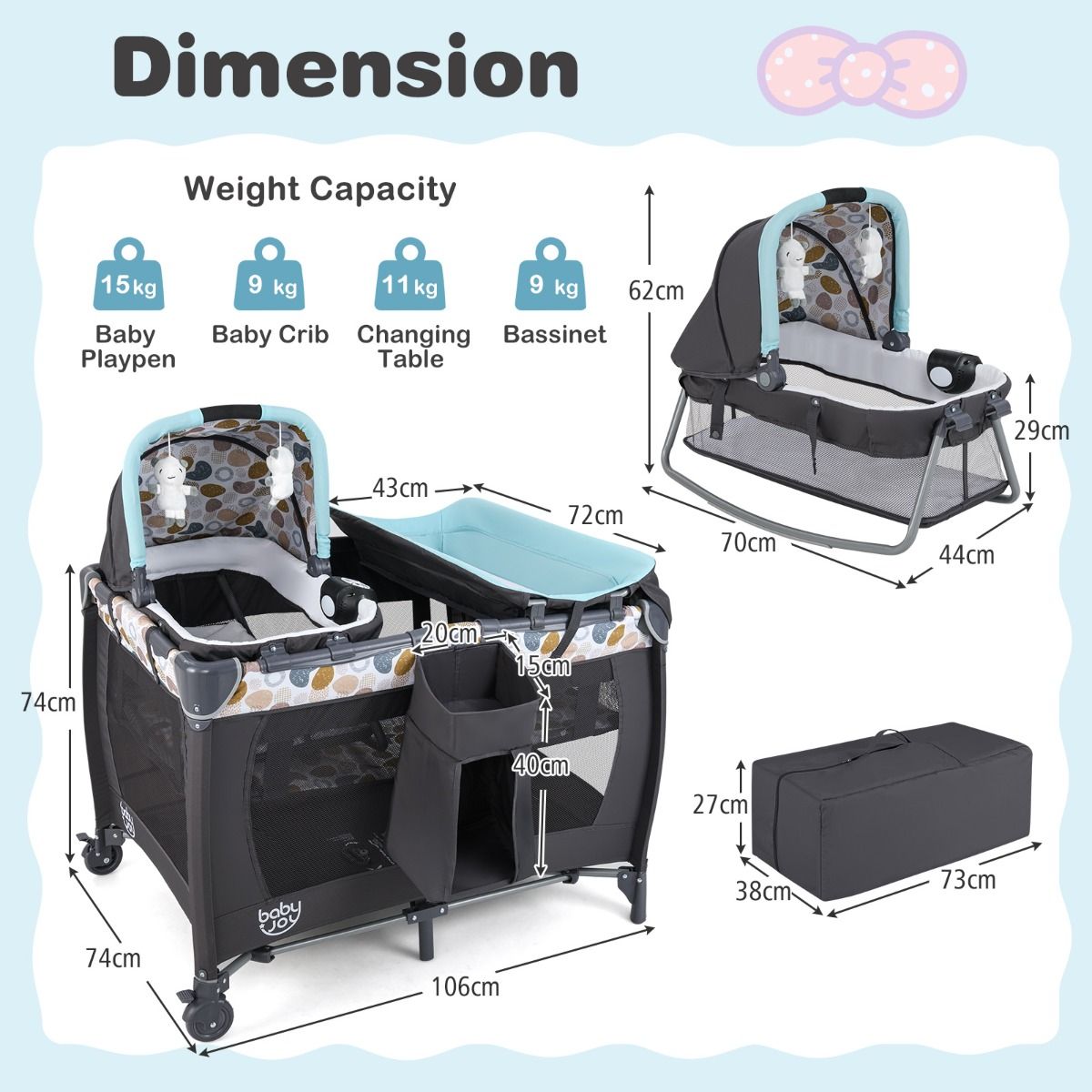 Coast 5-in-1-Reisebett für Kinder – mit Wickeltisch, Wiege und Spielpark – Blau