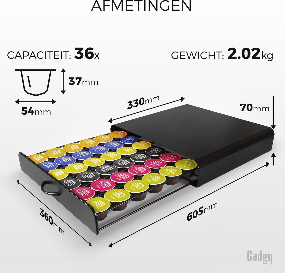 Gadgy Kapselhalter mit Schublade - Halter für Kaffeetassen - Für Dolce Gusto - 36 Kapseln - Edelstahl - Schwarz