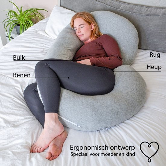 EL Life Umstandskissen - XXL - C-Form - Stillkissen - Seidenschlafkissen - Körperkissen - abnehmbarer Jersey-Baumwollbezug - 150x70cm - Hellgrau