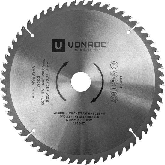 VONROC Sägeblatt - Ø254MM - 60 Zähne - für Holz - geeignet für Kapp- und Tischsägen