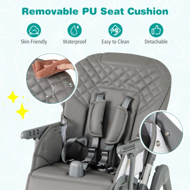 Coast Klappbarer Kinderstuhl mit Liegefunktion – Verstellbarer Baby-Kinderstuhl mit 5-Punkt-Gurt, Rollen und abnehmbarem Tablett – Grau