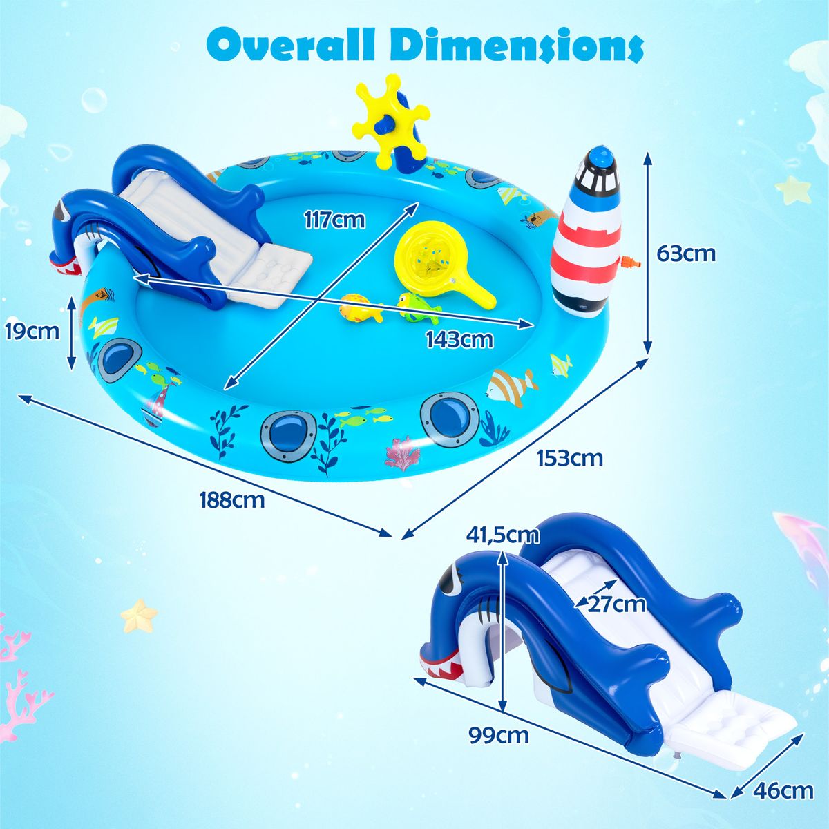 Coast Aufblasbares Kinderplanschbecken – Wasserspielzentrum im Meeres-Design – Haifisch-Rutsche und Sprühdüse – Mehrfarbig 188 x 153 x 63 cm