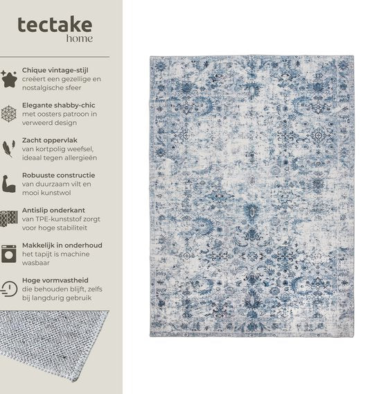 tectake® Teppich im Vintage-Design - Niederflorteppich - Boho-Teppich - Für Wohnzimmer, Schlafzimmer, Kinderzimmer oder Jugendzimmer - Waschbar - 200cm x 274cm - blau