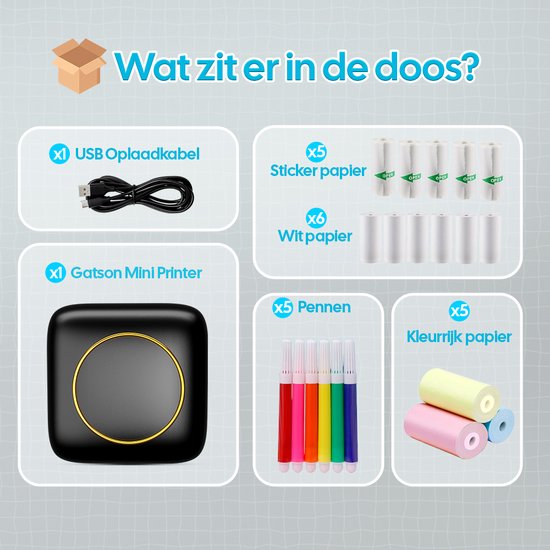 Gatson Mini-Drucker - Inklusive 14 Rollen Papier (Sticker, Normal & Farbe) + 5 Stifte - Mini-Drucker für das Handy - Pocket-Drucker - Mobiler Fotodrucker
