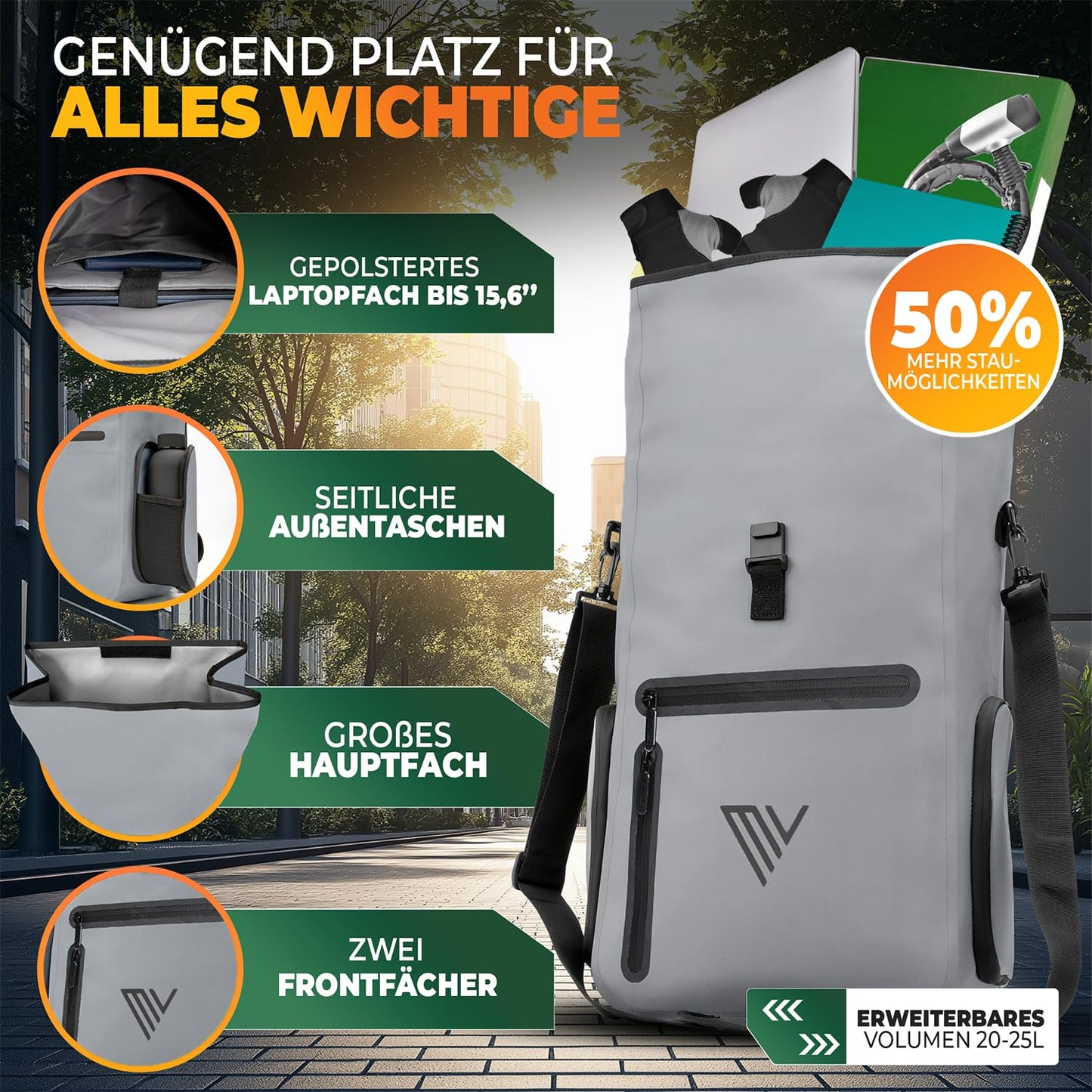 MIVELO - EVO 25L 3-in-1-Fahrradtasche für den Gepäckträger – Rucksack und Umhängetasche – 100 % wasserdicht und vollständig reflektierend