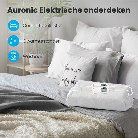 Auronic Electric Blanket - 2 Personen - 160x140cm - mit Eckgummis und 2 Reglern - Weiß
