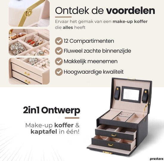 Ceruzo Schmuckkästchen mit Spiegel -Schmuckkästchen- Schwarz-PU-Leder-3 Schichten-Kompaktes Format-17,5 x 14 x 13 cm-Schmuckkästchen