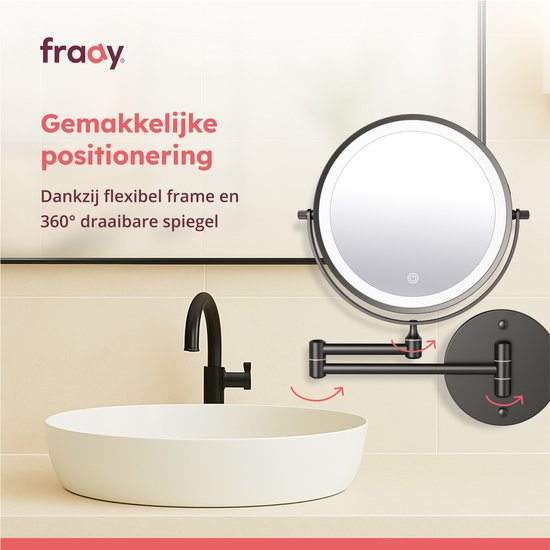Fraay® Make-up-Spiegel - Mit LED-Beleuchtung - 10-fache Vergrößerung - Wiederaufladbar - Rasierspiegel - Badezimmerspiegel - Schwarz