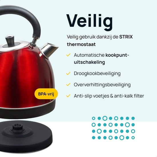 MOA Retro-Wasserkocher Rot 1,8 Liter - Elektrisch - Edelstahl - EK3TR