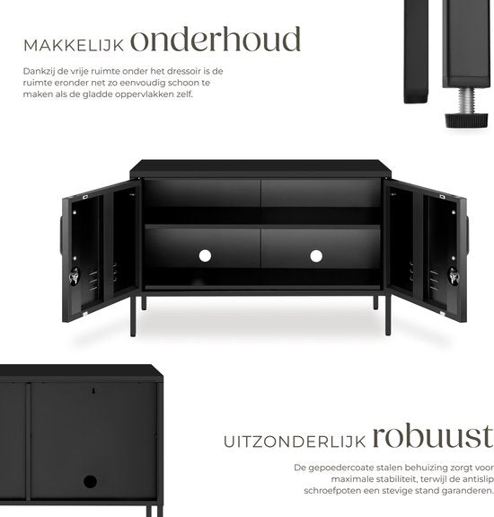 tectake® Stahl-Sideboard – TV-Möbel – 100 x 42,5 x 65 cm – Kommode – Verstellbare Einlegeböden – 2 Türen mit Magnetverschluss – Lowboard – Metallschrank – Schwarz