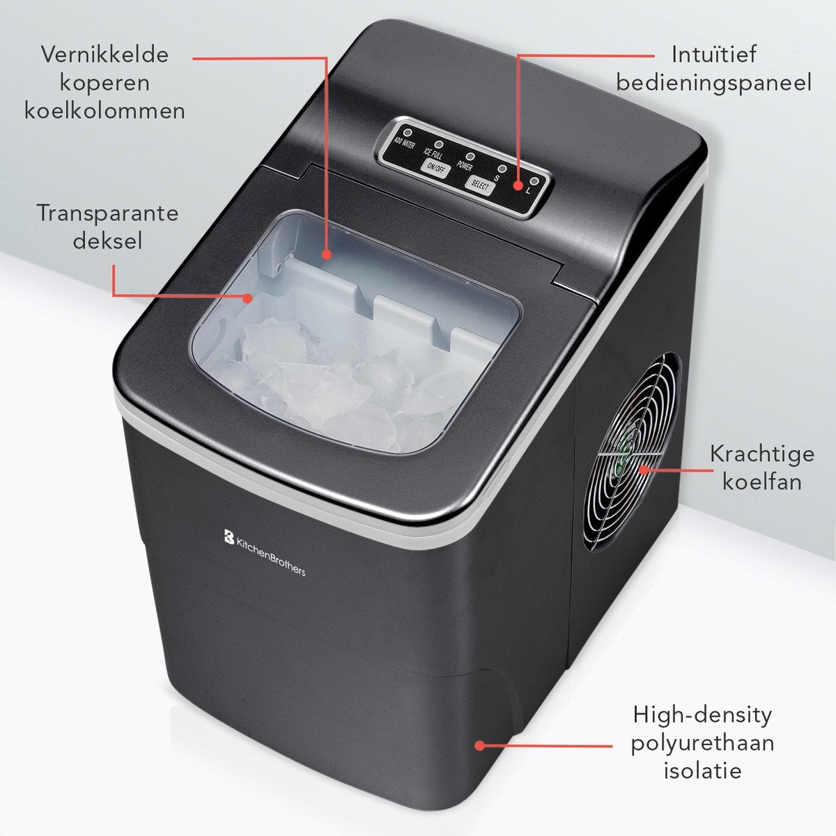 KitchenBrothers Eiswürfelbereiter - 2 Liter - mit Eisportionierer - Schwarz