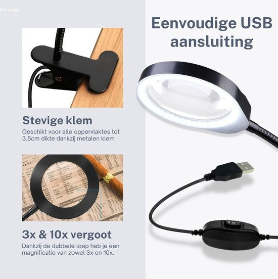 Lupe - Lupe mit LED-Licht - Für Kinder/Erwachsene/Senioren/Lesen/Zeichnen/Hobby mit Tischklemme - Lupe mit Beleuchtung Earkings