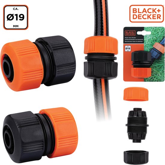 BLACK+DECKER Schlauchverbinder 3/4'' - 19 ⌀ CM - Gartenschlauchkupplung - Schwarz/Orange