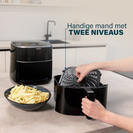 Princess Digital Airfryer XXL 182254 – 8 Liter – Extra groß – PFAS-frei – Heißluftfritteuse – Inklusive höhenverstellbarem Grillrost – Digitaler Touchscreen – 8 Automatikprogramme - 1800 W - Schwarz