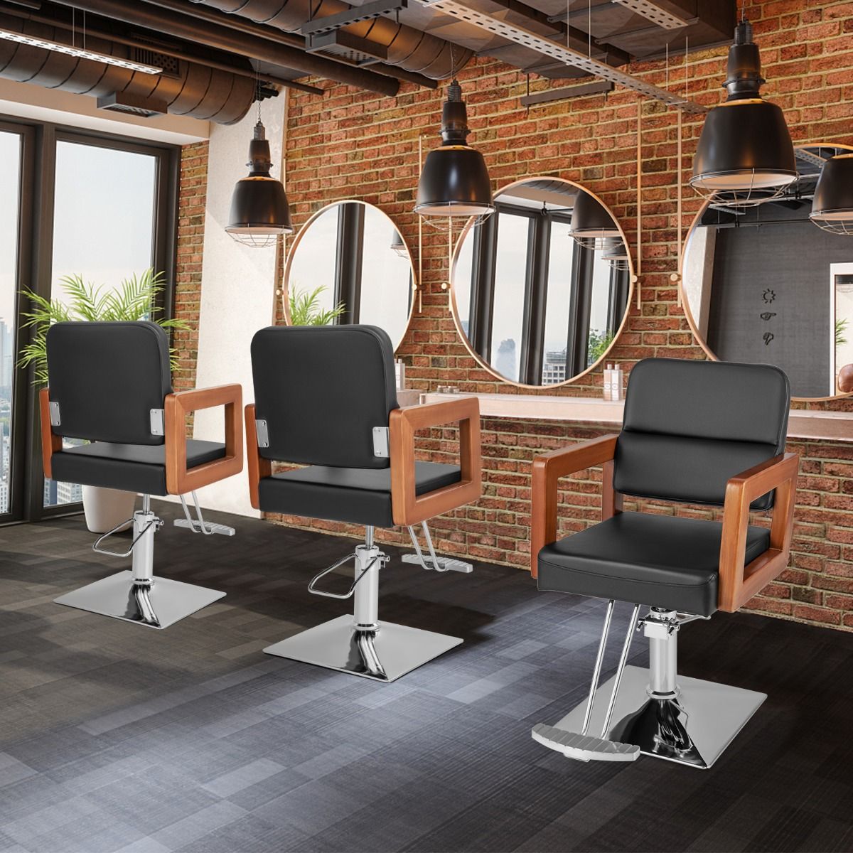 Coast Hydraulischer Friseurstuhl – um 360° drehbar – höhenverstellbar – Armlehnen aus Massivholz – schwarz