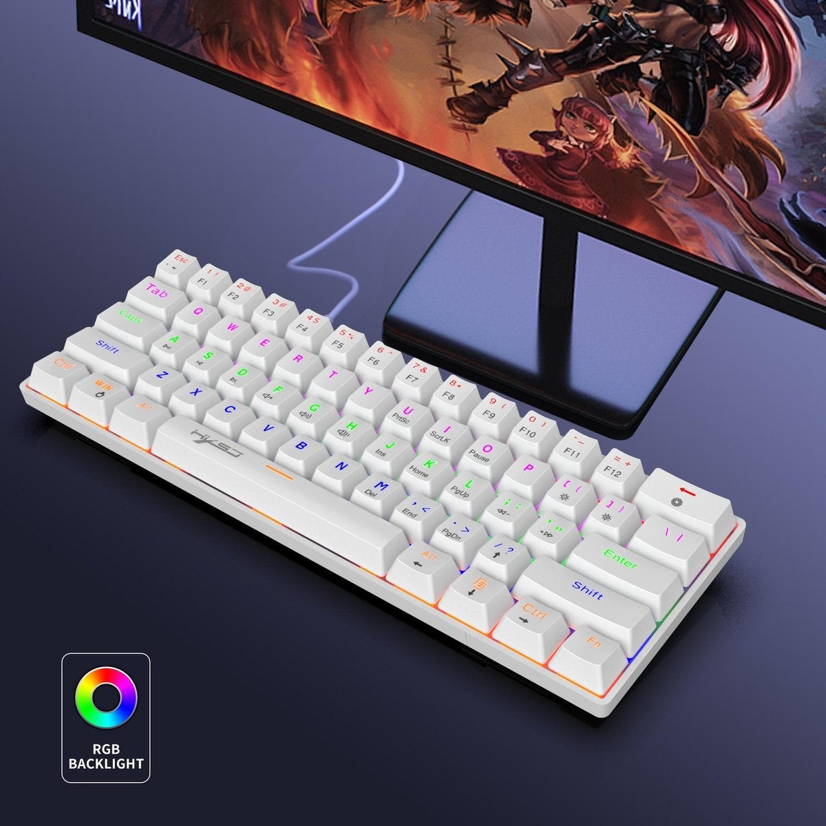 HXSJ V900 - Mechanische Gaming-Tastatur - RGB-Beleuchtung - Ergonomisch - QWERTY - 61 Tasten - blauer Schalter - Weiß