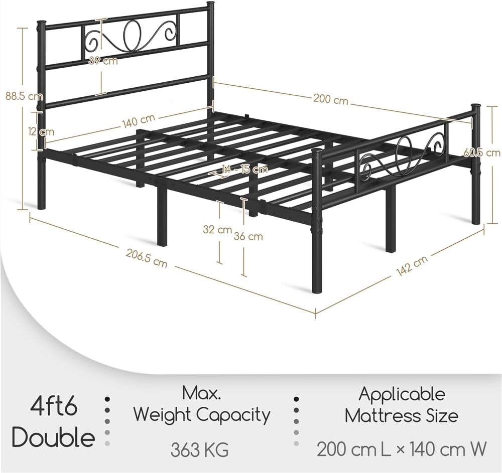 Yaheetech Metallbettgestell 140 x 200 cm – Schwarz – Modernes Kopfteil – Zusätzlicher Stauraum