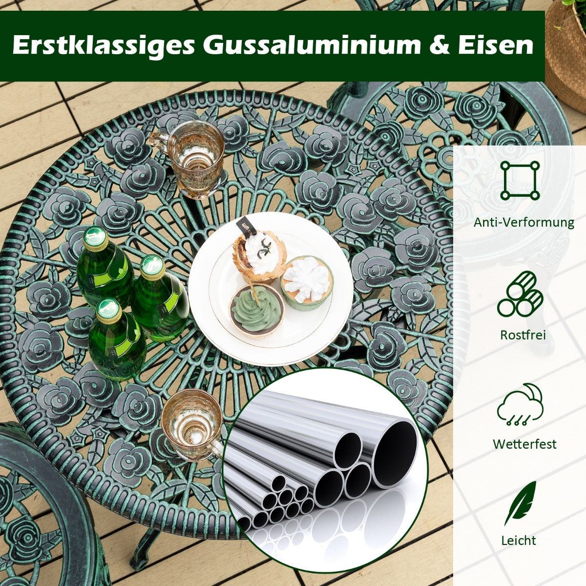 Küste 3tlg. Antikes Bistro-Set Rose Design Sitzgruppe Balkon-Set Garten-Set mit 2 Stühlen