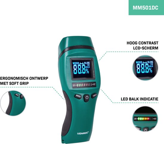 VONROC PRO Feuchtemessgerät - Professioneller Einsatz - Präzise - Kontrastreiches LCD mit Hintergrundbeleuchtung