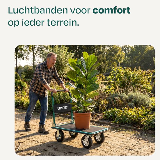 VONROC Premium-Plattformwagen – mit Luftreifen – zusammenklappbar – Tragkraft max. 300 kg – große Ladefläche 90 x 60 cm – inklusive Spanngurte