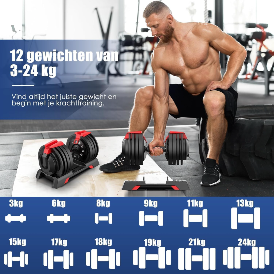 DH FitLife Verstellbare Kurzhanteln 24KG - 12 Gewichtsstufen (3-24 KG) - 12-in-1 Hantelset mit Kurzhanteln