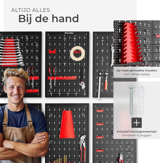 tectake 6-teilige Metall-Werkzeugwand - 240 x 60 cm - Lochblech - Werkzeughalter-Set inklusive Haken - Wandregal-System für Werkbank, Garage, Werkzeug - Werkstattausrüstung - Werkzeugtafel - Stecktafel