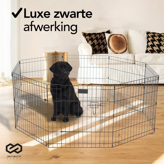 Infinity Goods Puppyren - Hondenren - 8 Panelen - 60 x 76 CM - 608 CM Omtrek - Opvouwbaar - Met Deur - Konijnenren - Zwart