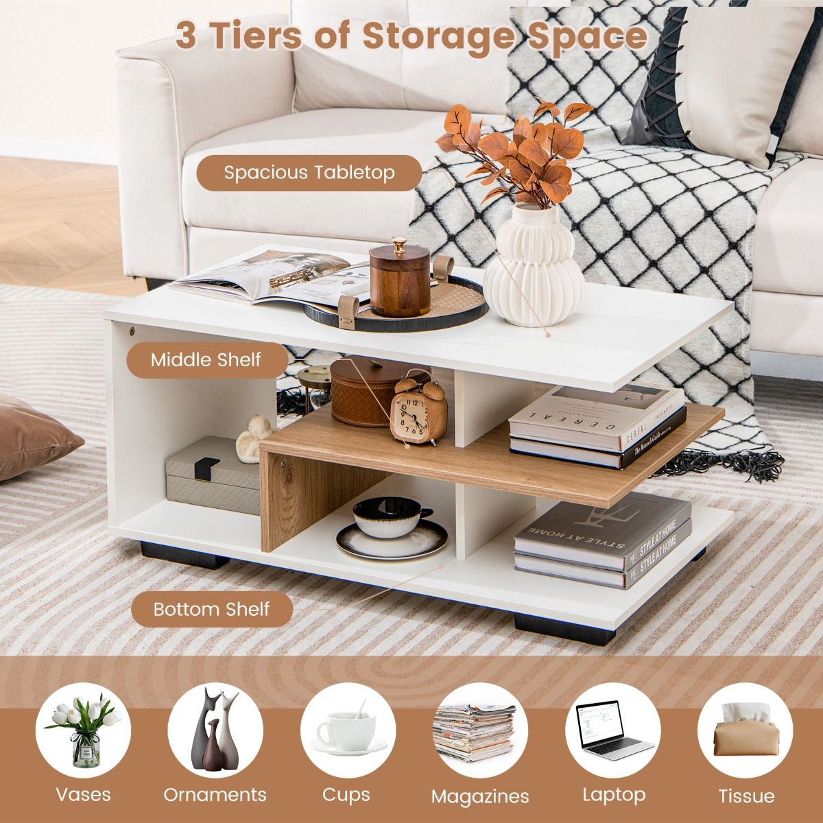 Coast Couchtisch mit Ablage 90x50x42 cm, Natur + Rustikales Weiß, Geometrisches Design mit 3 Ebenen und zentralem L-Regal