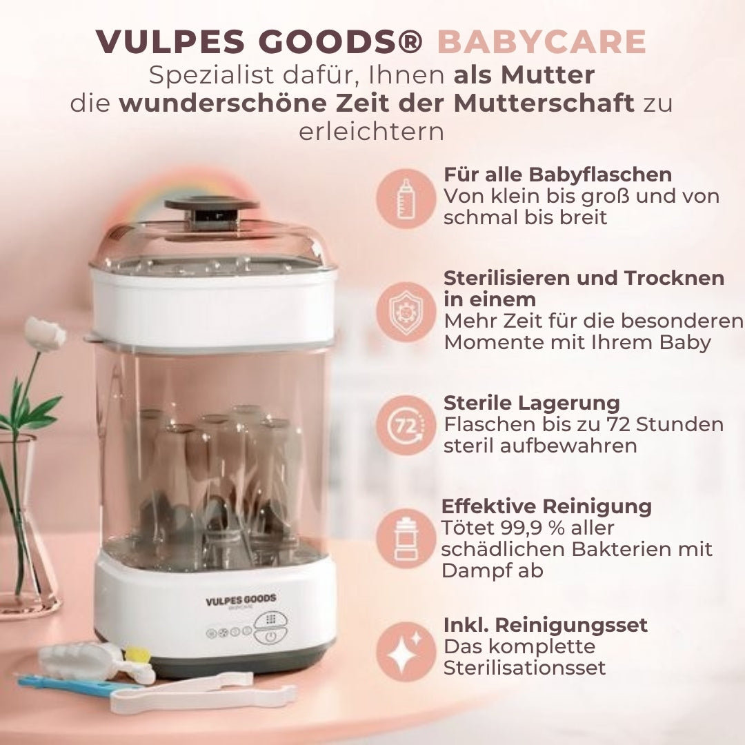 Vulpes Goods BabyCare 5-in-1-Flaschensterilisator elektrisch - Dampfsterilisator mit Trockenfunktion - Flaschensterilisator PRO - inkl. Reinigungsset