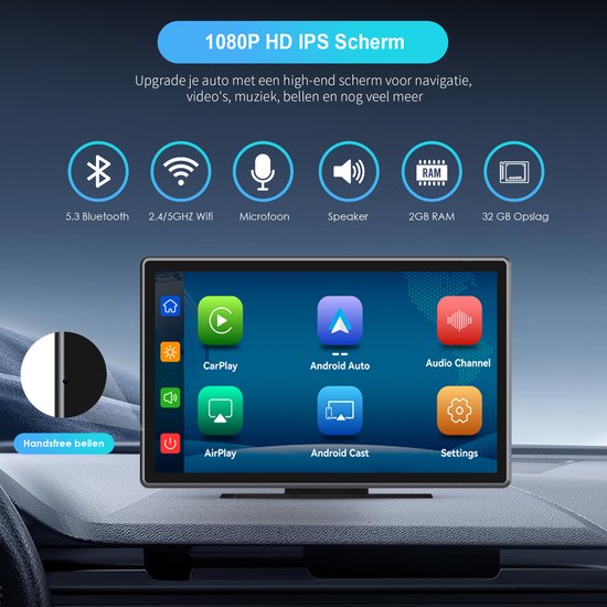 Strolox CarPlay-Bildschirm 9 Zoll – Kompatibel mit Apple CarPlay und Android Auto – Drahtlos – Navigationssystem – Universelles Auto-Stereo-Bluetooth – USB-C-Anschluss – 2 Befestigungshalterungen – 2024