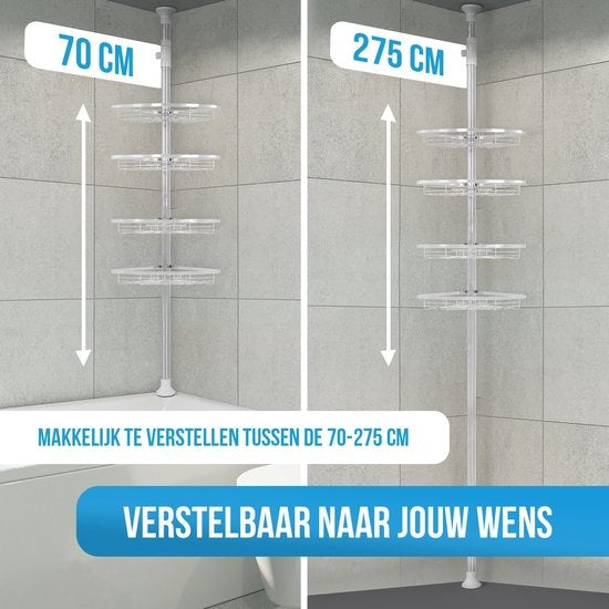 Strex - Teleskop Duschablage - rostfreier Stahl - 70-275 cm - 4 Körbe - ohne Bohren oder Schrauben - Silber