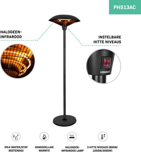 VONROC Terrassenheizstrahler Eolo â€“ Infrarot - 2000W â€“ Hohe Effizienz - 3600 Rundumwärme â€“ Halogenelementâ€“ 3 Heizstufen