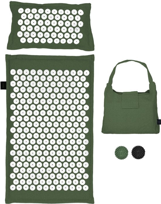 LifeGoods Akupressurmatte Eco - mit Kissen - Shakti Matte - Nagelmatte Inkl. 2x Triggerpunkt Ball und Tragetasche - 72x43x2cm - Grün/Weiß