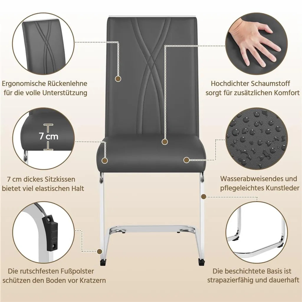 Yaheetech 2er-Set Esszimmerstühle 59 x 40,5 x 98,5 cm – Dunkelgrau – Cantilever-Stühle aus Kunstleder