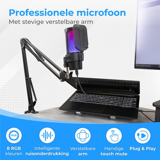 Nuvance - USB-Mikrofon mit Arm - für PC und Gaming-Mikrofon - mit Rauschfilter - inklusive USB-C-Konverter - Streaming-Mikrofon - RGB