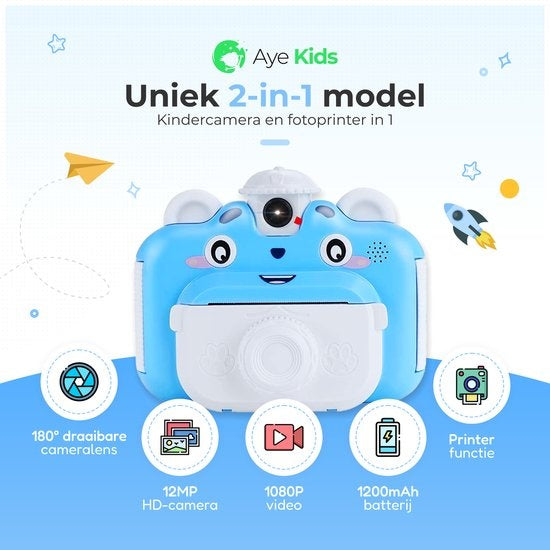 AyeKids Sofortbildkamera für Kinder - Mini-Thermodrucker - Fotodrucker - Inklusive 3 Rollen & 12 Farbmarker - Blau