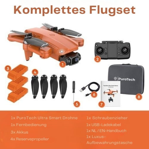 PuroTech - Ultra Smart Drohne - 4K Full HD Dual Kamera - 3 Akkus - 84 Minuten Flugzeit - Orange