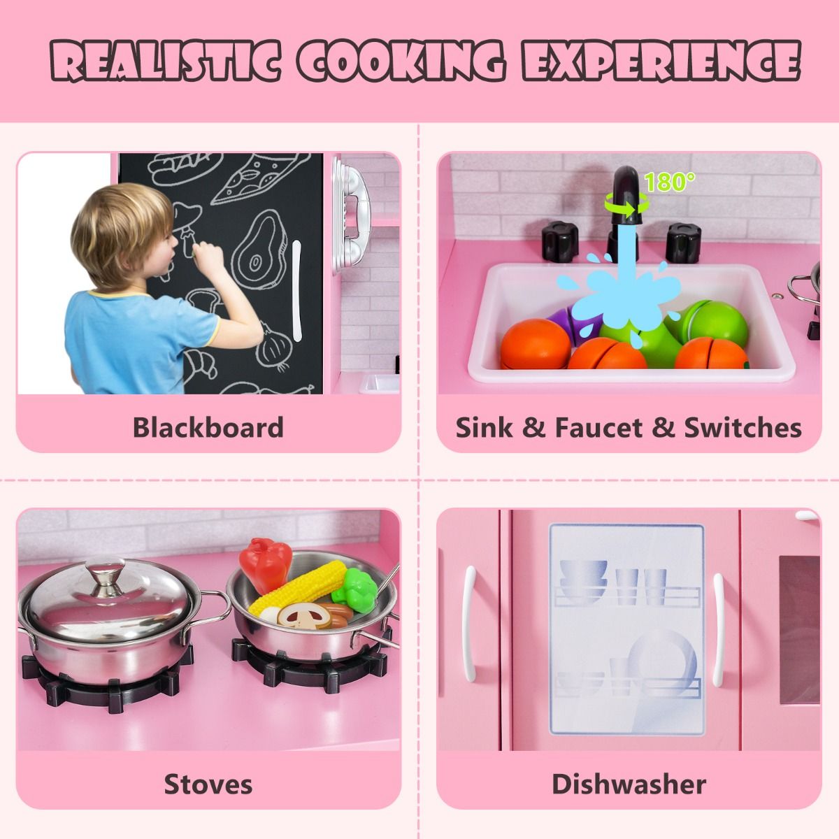 Coast Kinderküche – komplette Spielküche mit Zubehör – Mikrowelle, Eismaschine, Geschirrspüler und Backofen – rosa