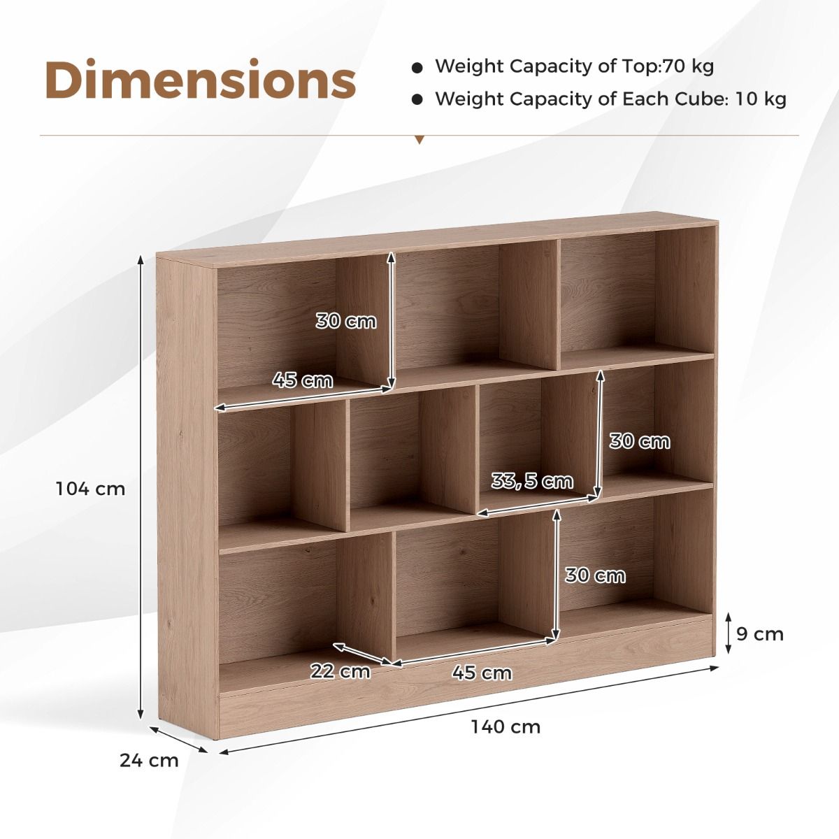 Coast Bücherregal – 10 offene Fächer – 3 Ebenen – 140 cm – Naturholz