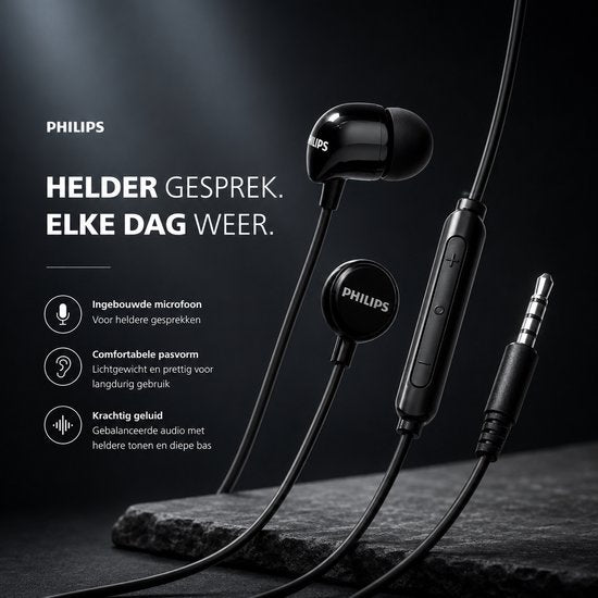 Philips In-Ear-Kopfhörer TAE1156BK – Clear Sound – mit Kabel – Fernbedienung mit Mikrofon – 3,5-mm-Klinkenstecker – Schwarz