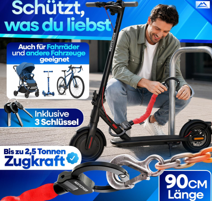 NEXTCOVER E-Scooter-Schloss im Handschellen-Design – 90 cm – Rot – legierter Stahl – 3 Schlüssel