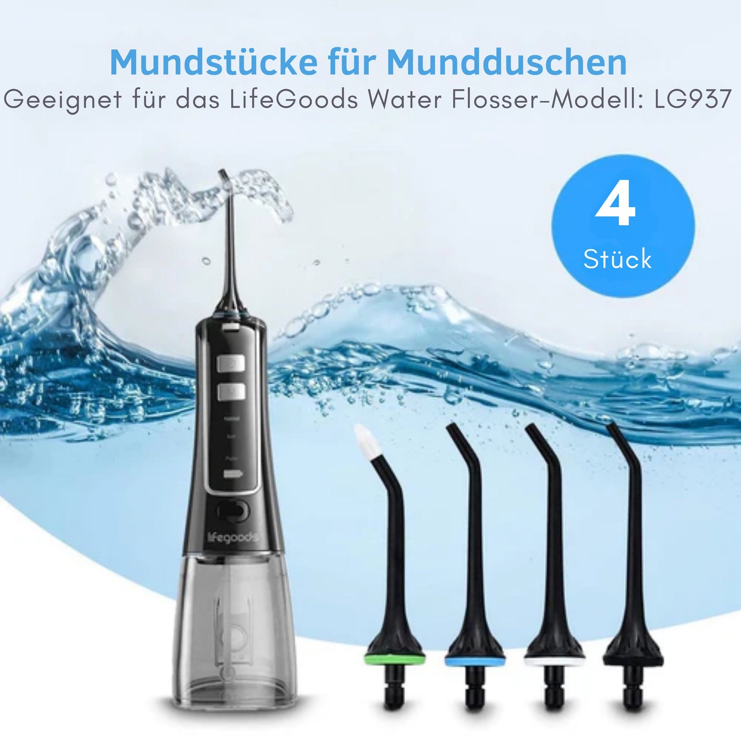LifeGoods Zahnseidenaufsatz - 4 Stück - Für Zahnseidengerät - Schwarz/Weiß/Grün/Blau